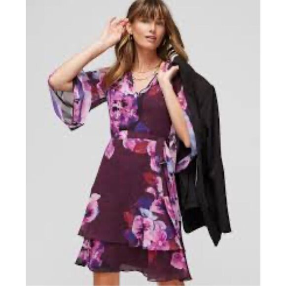 WHBM 3/4 Bell Sleeve Ruffle Kimono Inspired Floral Dress XS - Picture 2 of 9